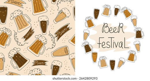Beer day, festival, celebration. Pattern of beer mugs and glasses, line art. Frame, banner with hand lettering. Wooden sign with inscription. Place for text. Calligraphy, contour drawing. October.