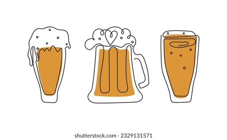 Beer Day, festival, holiday. Set of beer mugs in line art style, outline drawing.  Oktoberfest, October. Vector illustration, background isolated.