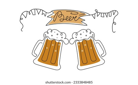 Beer Day, festival, holiday. Set of beer mugs in line art style. Wooden sign with lettering. Calligraphy, outline drawing.  Oktoberfest, October. Vector illustration, background isolated.