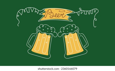 Beer Day, festival, holiday. Set of beer mugs in line art style. Wooden sign with lettering. Calligraphy, outline drawing.  Oktoberfest, October. Vector illustration, background isolated.