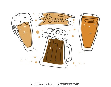 Beer Day, festival, holiday. Set of beer mugs in line art style. Wooden sign with lettering. Calligraphy, outline drawing.  Oktoberfest, October. Vector illustration, background isolated.