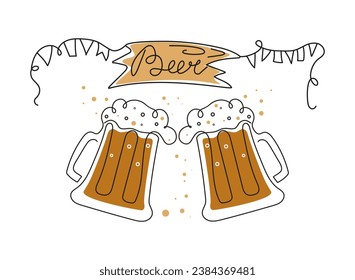 Beer Day, festival, holiday. Set of beer mugs in line art style. Wooden sign with lettering. Calligraphy, outline drawing.  Oktoberfest, October. Vector illustration, background isolated.