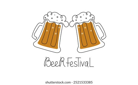 Beer day, festival, october, holiday. Set of beer mugs in line art style. Lettering, outline drawing. Vector illustration, isolated background.