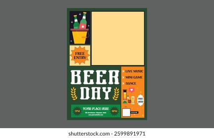 Beer Day Flyer. Happy beer day, National Beer Day, vector illustration, flyer, banner, social media post, poster, typography, icons, October 27th, Get Together, fun Life, friends, beers, benefits.