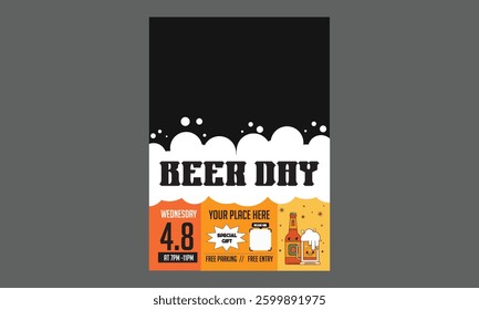 Beer Day Flyer. Happy beer day, National Beer Day, vector illustration, flyer, banner, social media post, poster, typography, icons, October 27th, Get Together, fun Life, friends, beers, benefits.