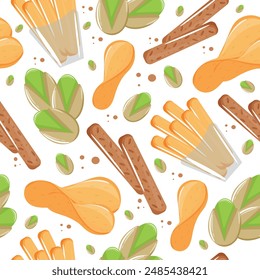 beer day food seamless pattern with snacks, namely chips, pistachios, croutons and french fries, for designs, posters or various banners