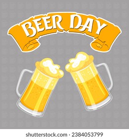 Beer day. Glass mugs with foamy beer. Drink. Illustration, vector