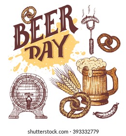 Beer day hand lettering. Hand drawn elements set in sketch style. German food and beer symbols isolated on white background. Octoberfest mug of beer with sausage, pretzel and beer keg