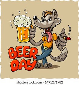 Beer day illustration with a wolf on brown light and red lettering. Wolf drinks beer illustration. a mug with beer in the hands of a wolf