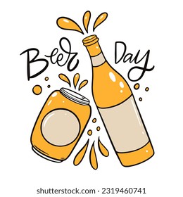 Beer day lettering phrase and bottle sign vector art illustration. Object isolated on white background.