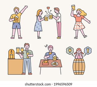 Día de la cerveza. Mucha gente tomando cerveza en el pub. estilo de diseño plano ilustración vectorial mínima.