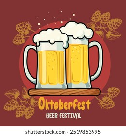 Dia da Cerveja, Oktoberfest, copos de cerveja com espuma, isolado, vetor