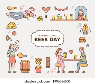 Día de la cerveza. Gente bebiendo cerveza en el pub y varios íconos de comida. estilo de diseño plano ilustración vectorial mínima.