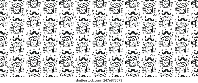 Patrón sin fisuras de Beer Day en estilo esquemático. Diseño para la decoración. Moderna Ilustración vectorial dibujada a mano, estilo plano. Papel o Anuncio de embalaje. Ilustración vectorial