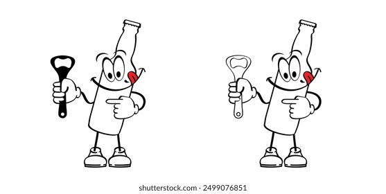 Beer day time or It's beer o'clock Cartoon mascot glass beer bottle and bottle opener. Bottles icon. Beer bottles silhouettes. Alcohol drinks. Alcoholic tools, for party and drunk sign. 