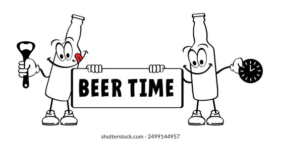 Beer day time or It's beer o'clock Cartoon mascot glass beer bottle and bottle opener. Bottles icon. Beer bottles silhouettes. Alcohol drinks. Alcoholic tools, for party and drunk sign. 