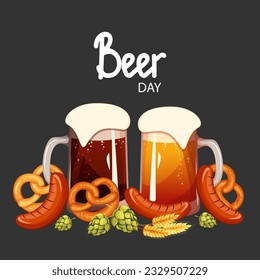 Beer day.Background with beer, wheat, hops, pretzel with salt.Vector illustration for the International Beer Day, Oktoberfest.