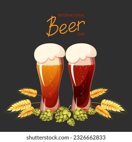 Beer day.Beer in glasses.Background with beer, wheat, hops.Vector illustration for the International Beer Day.