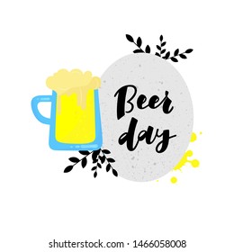BEER DAY-hand drawn vector illustration.Beer mug with cheers lettering phrase. Cartoon style. Isolated on white background. Desing for banner, poster, greeting cards, invitation to party. EPS 10