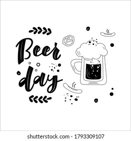 BEER DAY-hand drawn vector illustration.Beer mug with Beer day lettering phrase. Cartoon style. Isolated on white background. Design for banner, poster, greeting cards, invitation to party. EPS 10
