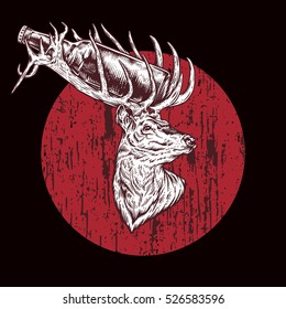 Beer of the Deer black and red ink draw engraving vector illustration. Print poster illustration. T-shirt vector illustration. Sticker design.