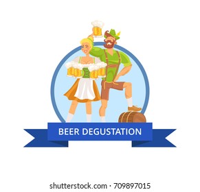 Beer degustation at octoberfest vector illustration. Blonde waitress with bearded man in traditional german costumes holding beer glasses.