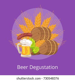 Beer degustation vector illustration of wooden casks, beer mug, fried sausage, green hop and wheat ear on purple background, Oktoberfest or Octoberfest