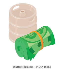 Beer delivery icon isometric vector. Metal beer keg and dollar bill stack icon. Delivery, production, business