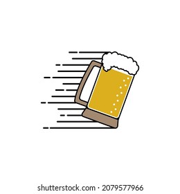 Bier-Liefersymbol mit Bierstein und Geschwindigkeitssymbol. Überfließender Bierkrug mit Schaum. Einzeln bearbeitbare Vektorgrafik und Clipart-Kunst auf weißem Hintergrund.