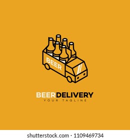 Beer delivery logo design template in linear style. Vector illustration.