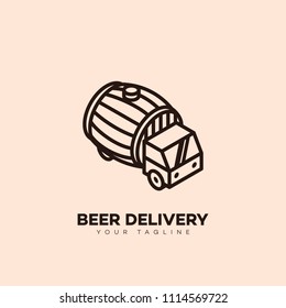 Beer delivery logo design template with a barrel in outline style. Vector illustration.