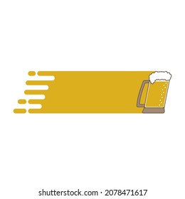 Beer delivery with rectangular ribbon, strip and banner. Overflowing beer mug and speed symbol. Isolated vector illustration and clipart on white background.