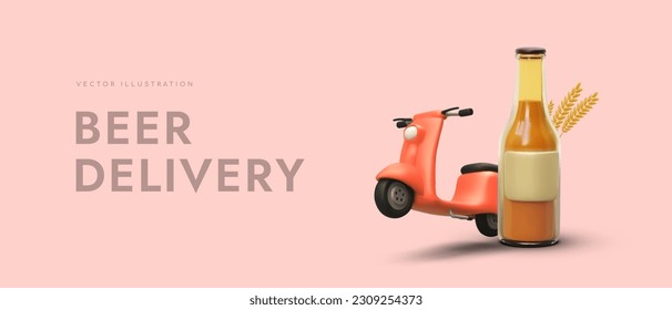 Beer delivery. Services for sale and delivery of alcoholic beverages. Transportation of drinks for party at home, to restaurant, office. Horizontal template with 3D moto scooter and beer bottle