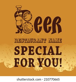 Beer. Beer design with brewer, who have beer mug in his hand, beer tun, text and place for restaurant name.