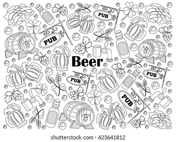 Beer design colorless set vector illustration. Coloring book. Black and white line art