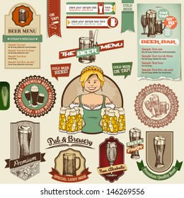 beer design elements, icon, label, stamp, banner, ribbon, serving beer