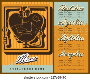 Beer design.The menu contains images of steam punk heart, town silhouette, price and place for text. Vintage style.