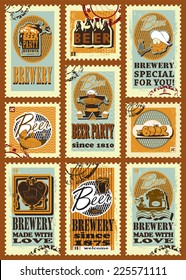 Beer design. Postage stamps set for beer design. Set contains images of beer mugs, beer labels, brewery, heart of steam punk style, seaman,  hands with beer mugs, fish, text, stamps and price.