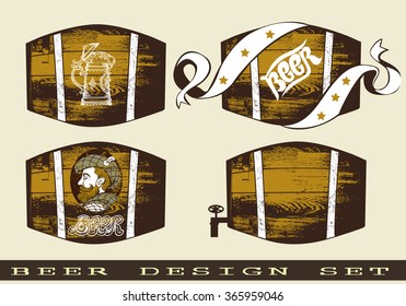 Beer design set with barrel. Set contains images of different beer barrel. Vintage style.