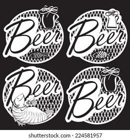 Beer design. Set of black and white label for beer design.Set contains images of fish, beer mug and text on black and white background.