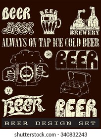 Beer design set contains fermentation tanks, brewery, beer mug,old box and text who was written with chalk. Beer design set.Chalk written style.