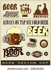 Beer design set. Set contains the images of beer mug, tun, box and type composition.