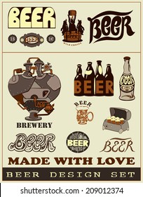 Beer design set. Set contains the images of steam punk heart, beer mug, text, labels, bears, box, beer bottle, beer barrel.