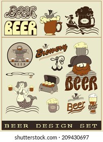 Beer design set.Set contains the images of mermaid, sailor, ship, anchor, text, box of treasures, beer mug, beer glass.