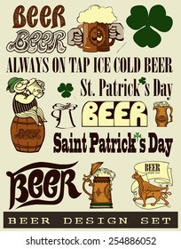 Beer design set contains images of clover, beer mugs,text, beer mugs with hands, fairy,leprechaun on turn. Beer design set.