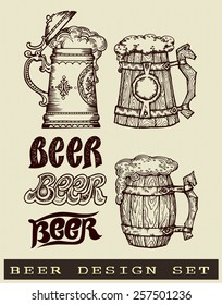 Beer design set contains images of beer mugs in etching style and type. Beer design set. Etching style.