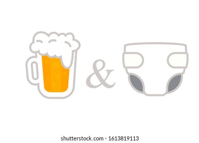 Diseño de fiesta de cerveza y pañales. Imagen de cliente aislada en fondo blanco