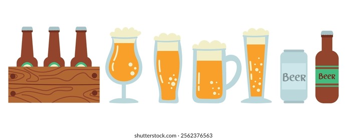 Beer in different containers. Vector illustration of a wooden box with beer bottles, eps 10. Ideal for breweries, restaurants, menus