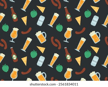 Beer in different glasses with snacks for it, beautiful branches of hops on a black background. Vector seamless pattern for a beer festival.