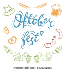 Beer with different snacks. Oktoberfest holiday, handwritten lettering with colorful vector illustrations isolated on the white background. Traditional German festival. Poster with food and drinks.